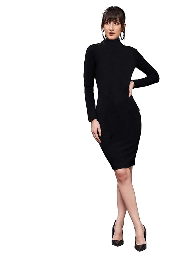 Black Turtle Neck Bodycon Dress Comfy Fabric