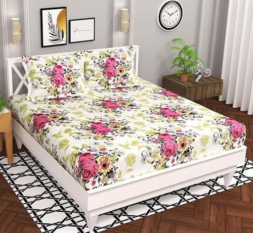 Bsb Home Microfiber 144 Tc Aspire 2.O Collections Soft Breathable Wrinklefree Floral Printed Double Bedsheets With 2 Regular Size Pillow Covers, Color White Green Pink Rose