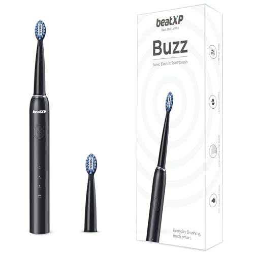 Beatxp Buzz Electric Toothbrush For Adults With 2 Brush Heads & 3 Cleaning Modes|Rechargeable Electric Toothbrush With 2 Minute Timer & Quadpacer|19000 Strokes/Min With Long Battery Life (Black)