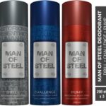 Denver Combo Of Man Of Steel Drill + Challenge + Pump Long Lasting Deodorant Spray  –  For Men(600 Ml, Pack Of 3)