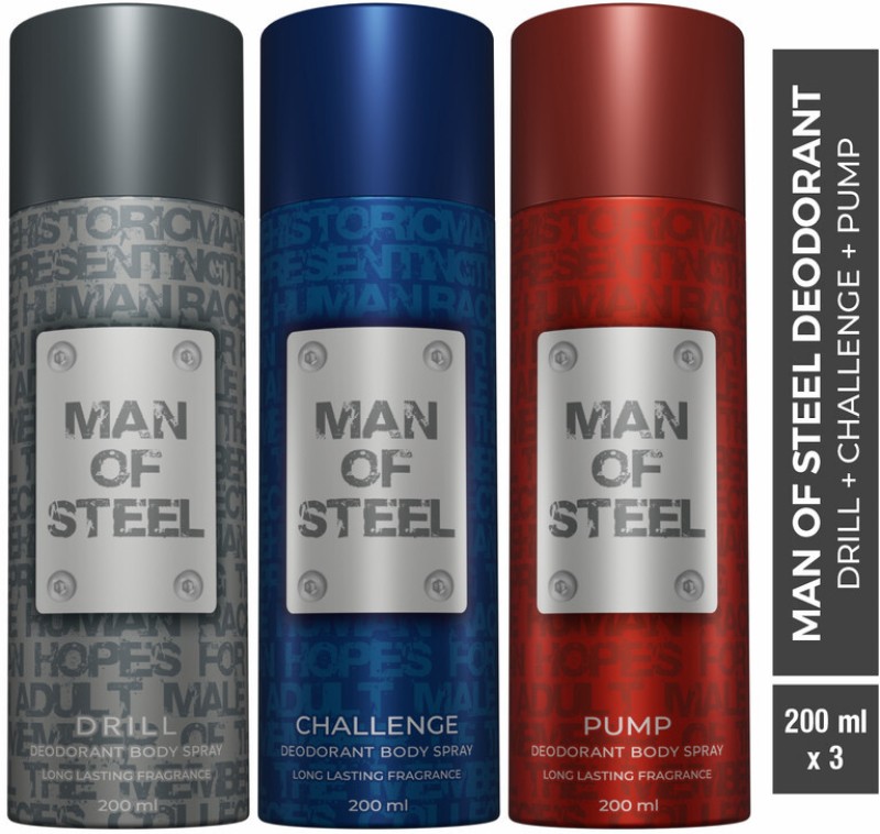 Denver Combo Of Man Of Steel Drill + Challenge + Pump Long Lasting Deodorant Spray  –  For Men(600 Ml, Pack Of 3)