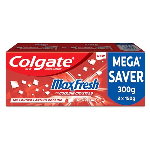 Colgate Maxfresh Toothpaste, Red Gel Paste With Menthol For Super Fresh Breath, 300G, 150G X 2 (Spicy Fresh)