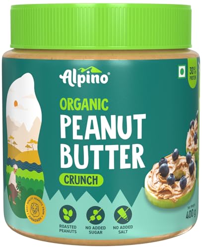 Alpino Organic Natural Peanut Butter Crunch 400 G | 30% Protein | Made With 100% Organic Peanuts | No Added Sugar & Salt | Plant Based Protein Peanut Butter Crunchy