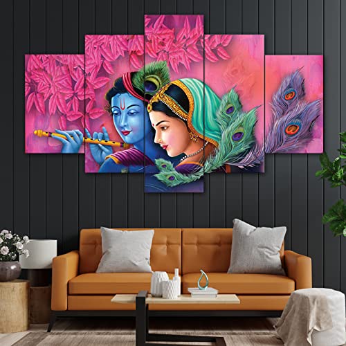 Perpetual Radha Krishna Paintings For Wall Decoration – Set Of Five, 3D Scenery Vastu Painting For Living Room Large Size With Frames For Home Decoration, Hotel, Office (75 Cm X 43 Cm) K5D