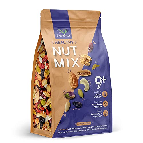 Greenfinity Premium International Healthy Nutmix 1Kg, Dried Almonds, Black Raisins, Cashewnuts, Cranberries, Green Raisins & Many More.