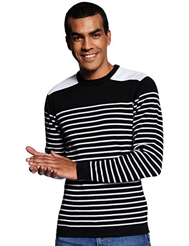 Red Tape Men’S Cotton Round Neck Sweater (Rfw0071_Black White_Xl_Black White_Xl)