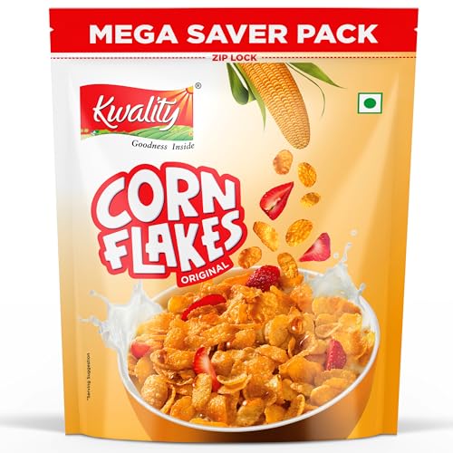 Kwality Corn Flakes 1Kg | Made With Golden Corns | 99% Fat Free, Natural Source Of Vitamin & Iron | High In Protein & Fiber | Healthy Food & Breakfast Cereal | Low Fat & Cholesterol