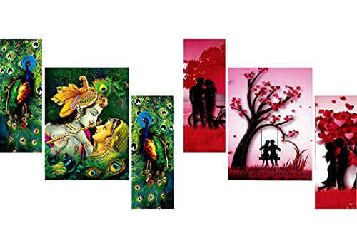 Saf Beautiful Combo – Set Of 3 Lord Radha Krishna Flute Love & Peacock Greenery Beautiful & Set Of 3 Couple Beautiful Painting (12 X 18 Inch)