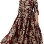 Puruvanshi Women Floral Print Flared Kurta(Brown)