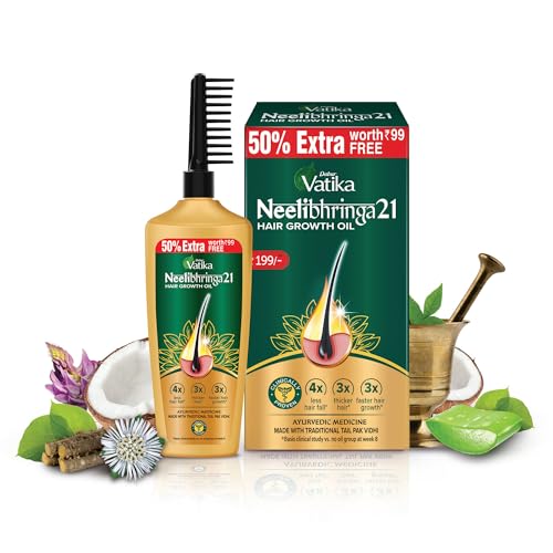 Dabur Vatika Neelibhringa 21 Hair Growth Oil – (50Ml+25Ml Extra Free) | 14 Ayurvedic Herbs | Ayurvedic Medicine | 4X Less Hairfall | 3X Thicker Hair | 21 Hair Benefits | With Ergnomic Comb Applicator