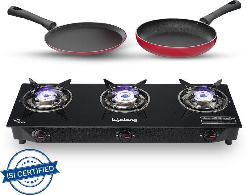 Lifelong Llcmbgs03 Combo – Cooktop + Flat Tawa + Fry Pan Top Glass Manual Gas Stove(3 Burners)