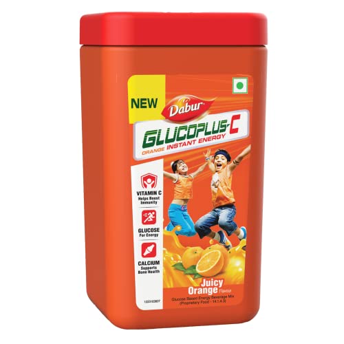 Dabur Glucoplus-C Instant Energy Glucose Juicy & Tasty Orange Flavour Powder- 400G Jar | Glucose Replenishes Energy | 25% More Glucose| Vitamin C Helps Boosts Immunity | Calcium Supports Bone Health