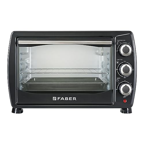 Faber 20L 1400W Otg | Bake, Toast, Grill | 4 Stage Functions, Upper & Lower Heating | Cool-Touch Handle, Heat Resistant Glass, Indicator Light, Auto-Shut, Ready Bell | Removable Crumb Tray | (Black)