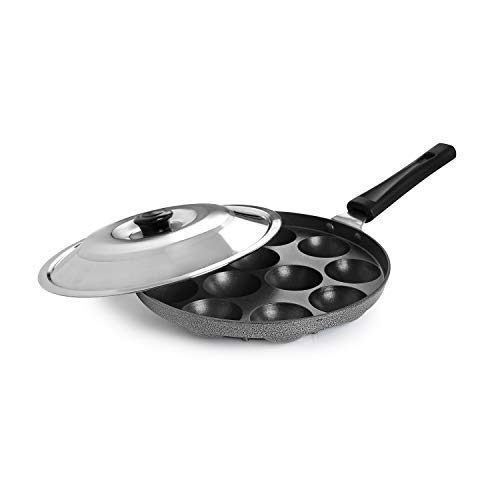 Celloappam Patra With Stainless Steel Lid Non-Stick Heavy Duty Aluminium 25 Cm, 12 Cavity | Single Handle With Ss Lid | Appam Maker | Appam Patra | Appam Pan | Litti Maker | Black