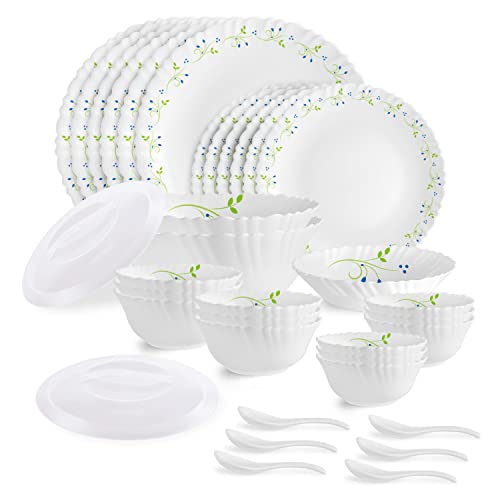 Cello Opalware Dazzle Series Tropical Lagoon Dinner Set, 35 Units | Opal Glass Dinner Set For 6 | Light-Weight, Daily Use Crockery Set For Dining | White Plate And Multipurpose Bowl Set