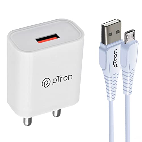 Ptron Volta 12W Single Port Usb Fast Charger, Bis Certified, Made In India Wall Charger Adapter, Universal Compatibility (1 M Micro Usb Cable Included, White)