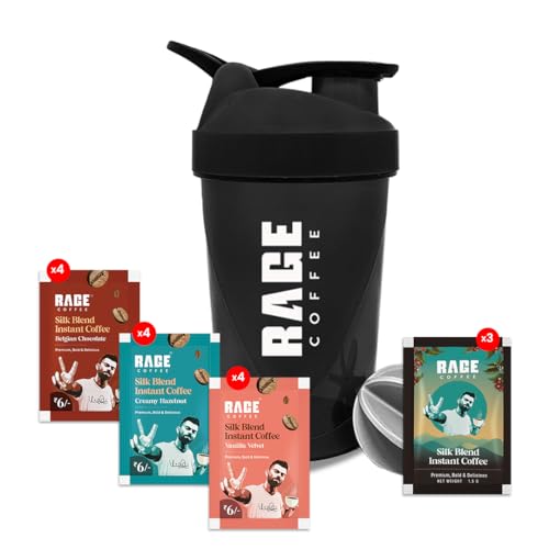 Rage Coffee – Silk Blend Assorted Sachets, Pack Of 15 (3 Classic, 4 Creamy Hazelnut, 4 Vanilla Velvet & 4 Belgian Chocolate) + Free Multi-Purpose Shaker | Perfect For Gym, Protein Shakes & Coffee