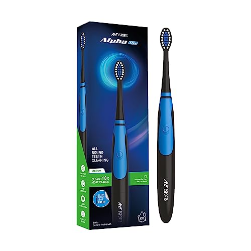 Ant Esports Alpha Lite Sonic Electric Toothbrush With 2 Brush Heads, Sonic Toothbrushes 28,000 Vpm, Ipx7, Ergonomic Designs, Aaa Powered 120 Days Battery Life, Ultra Soft Dupont & Vibrating Bristles, Smart Travel Power Toothbrush For Adult Men & Women – Black Blue