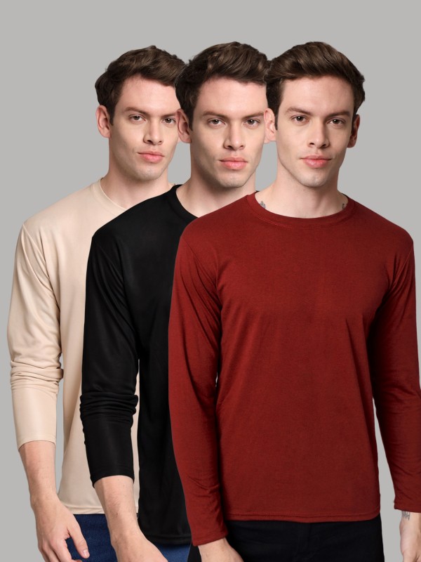 Inktees Solid Men Round Neck Beige, Black, Maroon T-Shirt