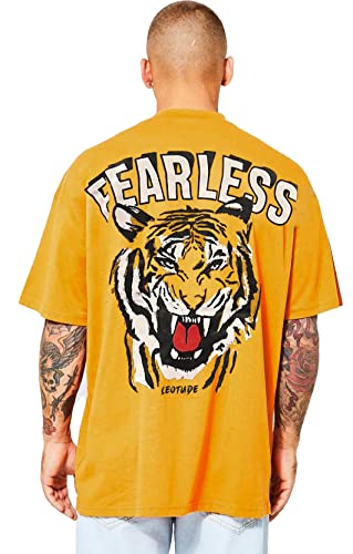 Leotude Half Sleeve Back Print Oversized T-Shirts For Men (Color: Mustard, Size: L)