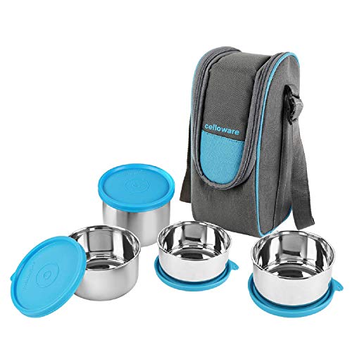 Cello Steelox Stainless Steel Lunch Box Combo 4- Piece With Jacket , Blue, (Capacities – 225Ml, 375Ml X 2, 550Ml) | Stainless Steel Lunch Box Set | Leakproof | Easy To Carry | Easy To Clean | Ideal For Office