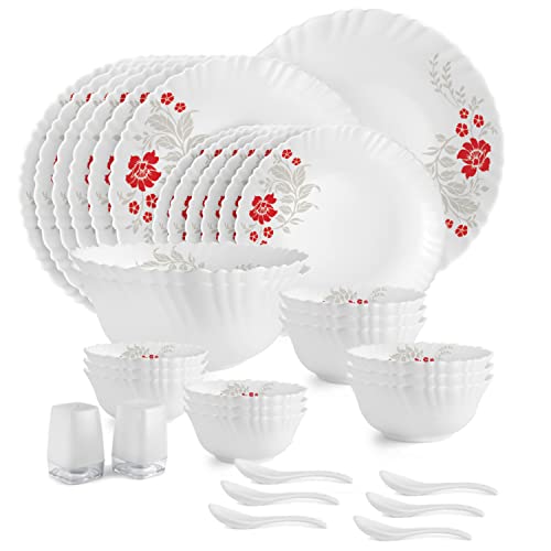 Cello Opalware Dazzle Series Scarlet Bliss Dinner Set, 35 Units | Opal Glass Dinner Set For 6 | Light-Weight, Daily Use Crockery Set For Dining | White Plate And Bowl Set