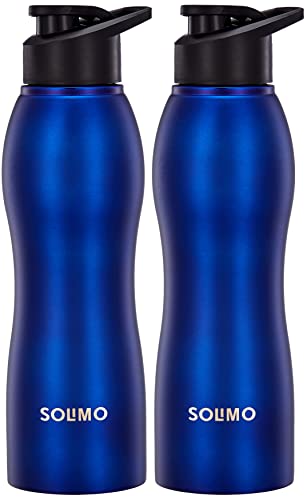 Amazon Brand – Solimo Water Bottle, Spill-Proof, Ergonomic, Safe For Refrigerator, Freezer And Dishwasher (Stainless Steel With Pp Lid, Set Of 2, Blue), 1 Liter