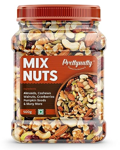 Prettynutty Healthy Nutmix 1Kg, Dried Almonds, Black Raisins, Cashewnuts, Cranberries, Green Raisins, Walnut Kernels & Many More.