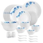 Cello Opalware Dazzle Series Blue Swirl Dinner Set, 35 Units | Opal Glass Dinner Set For 6 | Light-Weight, Daily Use Crockery Set For Dining | White Plate And Bowl Set