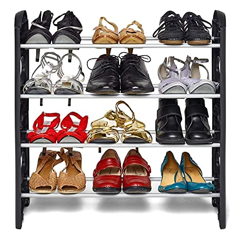 Ebee Easy To Assemble 4 Shelves, 12 Pair Metal & Plastic Shoe Rack, Black