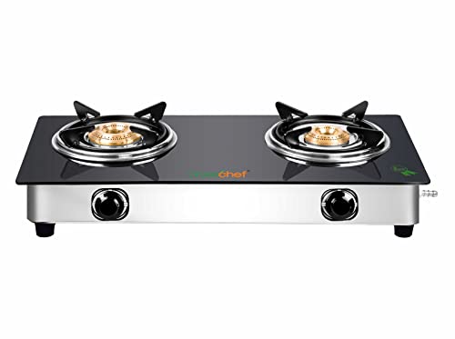 Greenchef Popular Glass Cook Top 2 Burner Gas Stove,Stainless Steel Body (Manual Ignition)