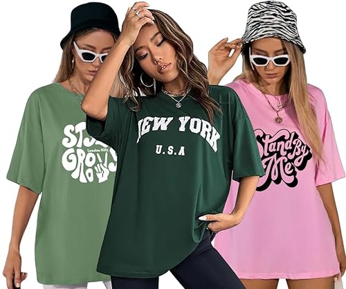 London Hills Cotton Blend Half Sleeve Women Oversized T-Shirts Multicolor Pack Of 3