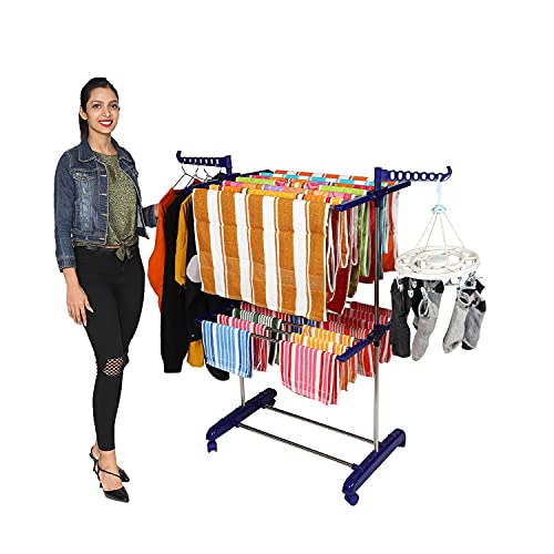 Paffy Premium Clothes Stand For Drying With Wheels | Portable | 2 Layer Rack For Balcony | Foldable Wings | 14 Hanger Rods | Anti Rust Steel Metal (Blue | Compact Jumbo)