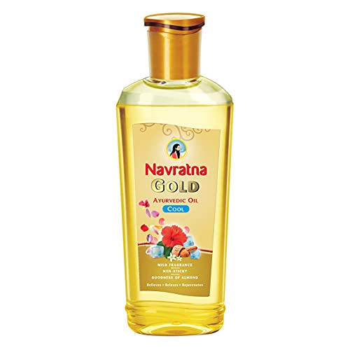 Navratna Gold Ayurvedic Oil |Non Sticky And Non Greasy |Mild Fragrance| Goodness Of Almonds And 9 Ayurvedic Herbs |Relieves Body Aches, Sleeplessness, Headache And Fatigue, 500Ml