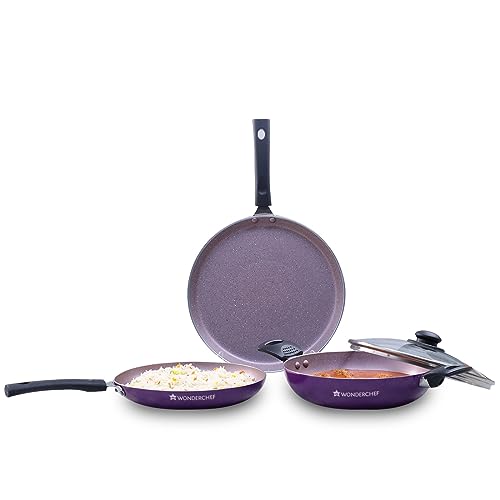 Wonderchef Valencia Non-Stick Cookware 4 Piece Set | Kadhai With Lid 24 Cm, Fry Pan 24 Cm, Dosa Tawa 28 Cm | Pure Grade Aluminium| Pfoa Free| 2 Years Warranty | Purple