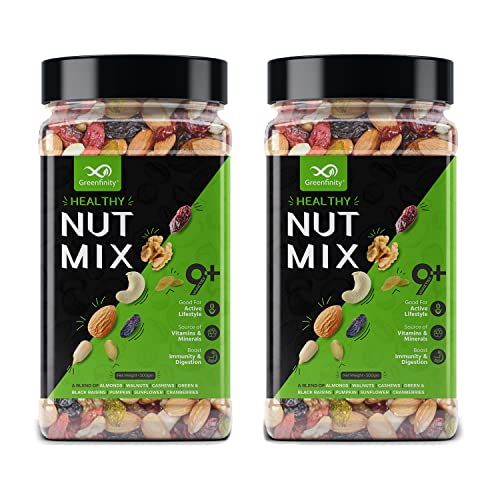 Greenfinity Absolute Health, Premium Fruit, Nut & Fiber Supermix, Healthy Mixed Nuts With Dry Fruits | Almonds | Cashews | Cranberry | Pumpkin Seeds | Walnuts, Reusable Jar, 1Kg | Pack Of 2