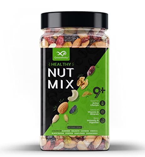 Greenfinity Absolute Health, Premium Fruit, Nut & Fiber Supermix, Healthy Mixed Nuts With Dry Fruits | Almonds | Cashews | Cranberry | Pumpkin Seeds | Walnuts, Reusable Jar, 500G | Pack Of 1