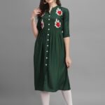 Pmd Fashion Women Embroidered A-Line Kurta(Green)