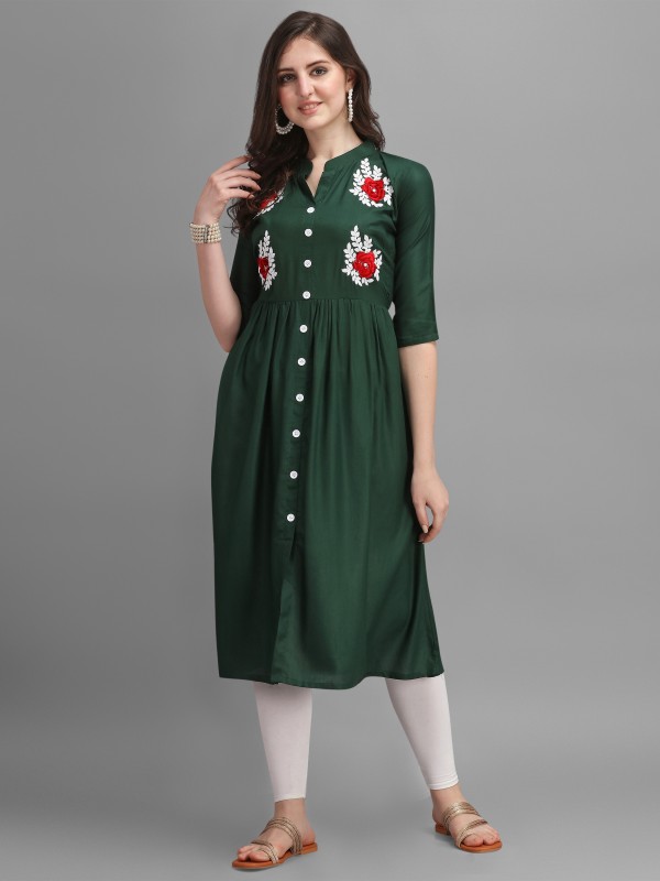 Pmd Fashion Women Embroidered A-Line Kurta(Green)