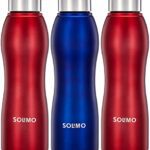 Amazon Brand – Solimo Water Bottle, Spill-Proof, Ergonomic, Safe For Refrigerator, Freezer And Dishwasher (Stainless Steel, Set Of 3, 2 Red And 1 Blue), 1 Liter