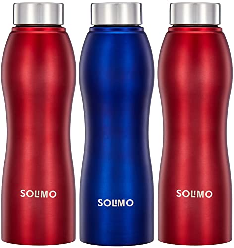 Amazon Brand – Solimo Water Bottle, Spill-Proof, Ergonomic, Safe For Refrigerator, Freezer And Dishwasher (Stainless Steel, Set Of 3, 2 Red And 1 Blue), 1 Liter