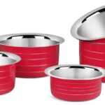 Classic Essentials Induction Friendly Tope Cookware Set (5 Piece ) Red Tope Set 600 Ml, 900 Ml, 1200 Ml, 1600 Ml, 2000 Ml Capacity 11 Cm, 12.5 Cm, 14 Cm, 15.2 Cm, 16.7 Cm Diameter(Stainless Steel, Induction Bottom)