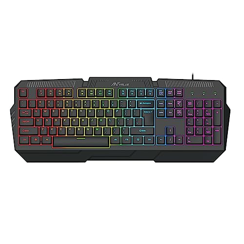 Ant Value Gk1001 Wired Membrane Gaming Keyboard With Backlit 7-Color Rainbow Led, Ipx4 Splashproof, Anti-Ghosting Keys, 104 Silent Keys For Pc & Laptop – Black