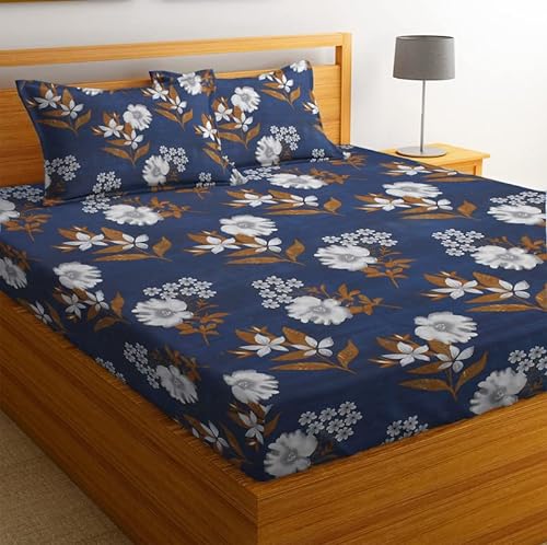 Bsb Home 100% Microfiber Bedsheet For Double Bed With 2 Pillow Covers Breathable | Wrinklefree And Softtouch White Flower Print Sheet- Dark Blue