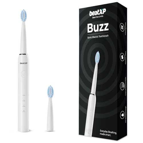 Beatxp Buzz Electric Toothbrush For Adults With 2 Brush Heads & 3 Cleaning Modes|Rechargeable Electric Toothbrush With 2 Minute Timer & Quadpacer|19000 Strokes/Min With Long Battery Life (White)