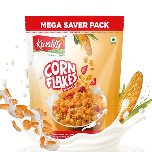 Kwality Corn Flakes 800G | Made With Golden Corns | 99% Fat Free, Natural Source Of Vitamin & Iron | High In Protein & Fiber | Healthy Food & Breakfast Cereal | Low Fat & Cholesterol