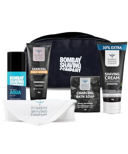 Bombay Shaving Company 6-In-1 Grooming Kit For Men | Valentine Day Gift For Men | Shaving Kit For Men | Charcoal Scrub, Shaving Cream, Post Shave Balm, Charcoal Soap, Towel, Shaving Kit Bag | Gift Hamper For Men, Husband, Boyfriend