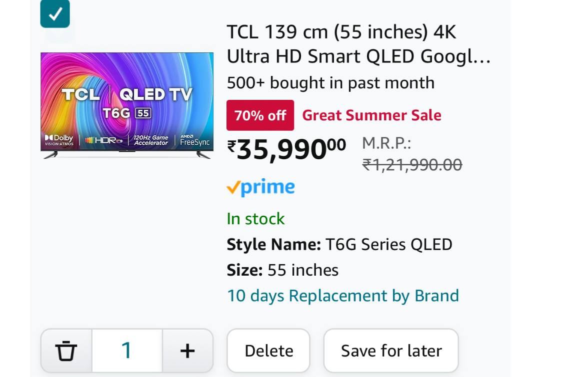 TCL (55 inches) 4K Ultra HD Smart QLED Google TV@ 33,990 (Effectively)₹2000 Discount with ICICI CC