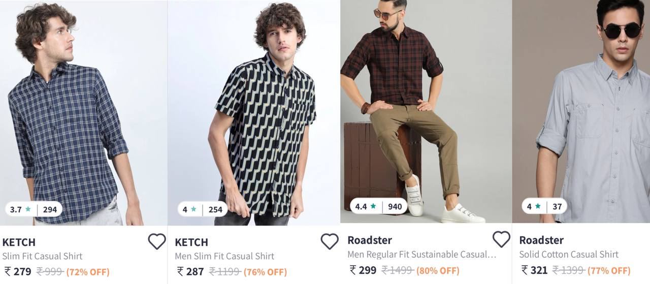 Myntra : Upto 80% Off On Men’s  Branded ShirtsHERE&NOW : Roadster : TheIndianGarage : Mast & Harbour : Snitch : HIGHLANDER : KETCH :