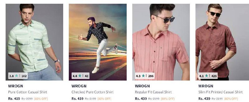 Myntra Loot : Flat 80% Off On WROGN Men ClothingTshirts : Shirts : Jeans : Trousers : Shorts : Trackpants : Sweaters & Sweatshirts : Jackets :